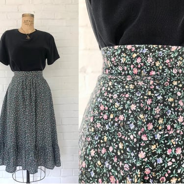 1970's Faded Black Floral Tiered Skirt 