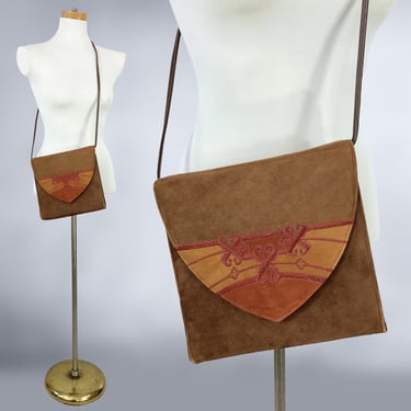 VINTAGE 80s Embroidered Suede Shoulder Bag Cross Purse By Towanny | 1980s Brown and Orange Leather Southwestern Style Handbag | VFG 