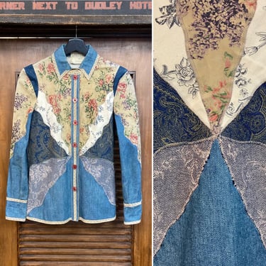 Vintage 1960’s Denim x Suede Patchwork Hippie Rocker Shirt Jacket, 60’s Floral Print, Vintage Clothing 