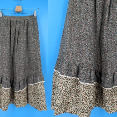 Vintage Seventies Prairie Skirt - 70s High Waisted Calico Cotton Peasant Skirt - XXS / XS 