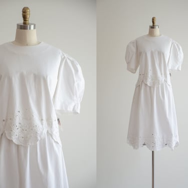 white lace skirt set | 80s 90s plus size vintage white embroidered puff sleeve blouse midi skirt 2 piece set 