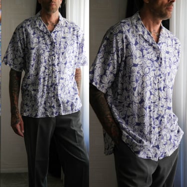 Vintage 90s POLO Ralph Lauren Caldwell Washed Indigo Blue Loop Collar Linen Shirt | Linen/Cotton | 1990s Designer Camp Collar Mens Shirt 