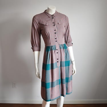 1940s Pink and Green Gingham Dress - XS/S 