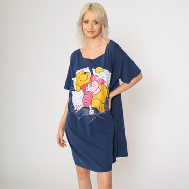 90s Winnie The Pooh Pajama Dress Disney Piglet Night T-Shirt Dress Mini PJs Navy Blue Cutoff Neckline Vintage 1990s 2xl Plus Size 