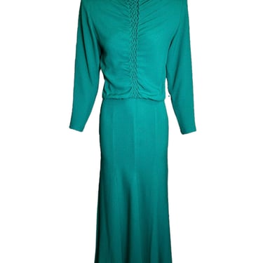Galanos 80s Emerald Green Gown w/ Woven Front Detail