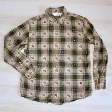 Vintage 90s Woven Plaid Shirt, 1990s Button Up, Madras, Cotton, Southwestern, Grunge, Embroidered 