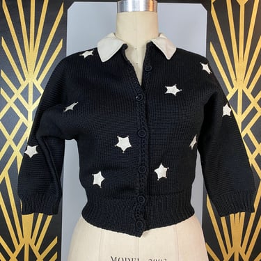 1950s cardigan, novelty print, vintage sweater, cropped, black wool, leather stars, lee herwau, medium, rhinestones, 34 36 bust, mrs maisel 