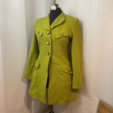 Chartreuse Lime Green Frock Coat 1990s Vintage Jacket with Gold Chain 8 M 