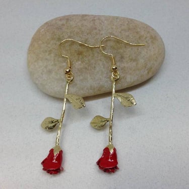 Gold Red Rose Earrings