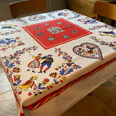 Vintage Pennsylvania Dutch Tablecloth, Folk Art, Hearts Horses Birds,Farmhouse, Scandinavian, Red White Blue 