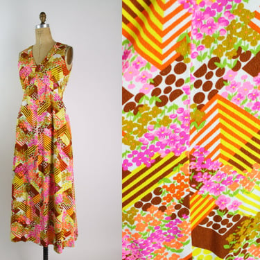 60s Hawaiian Maxi Dress / Vintage Hawaiian Dress / Tiki Dress / Trapeze Dress/ Size M/L 