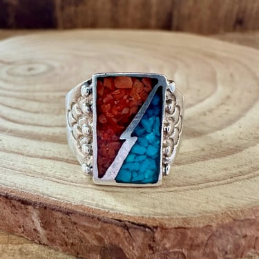 THUNDERSTRUCK Vintage Turquoise & Coral Silver Ring | Statement Ring | Most Likely Navajo, Southwestern Jewelry | Size 10 1/4, 10 1/2 