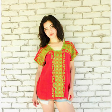 Hand Embroidered Huipil Blouse // vintage red woven boho hippie Mexican dress hippy tunic 70s 1970s 1970's 70's sun // O/S 