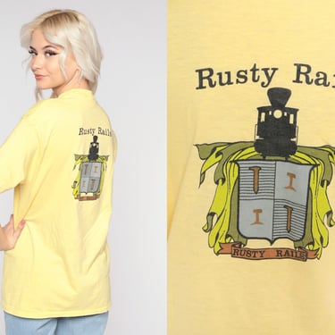Rusty Rails T Shirt 80s Yellow Graphic Tee Train Railway T-Shirt Retro Hipster Crest Plain Single Stitch Vintage 1980s Cotton Medium M 