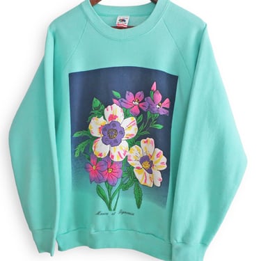 flowers sweatshirt / 90s sweatshirt / 1990s seafoam Bignonia flowers raglan sweatshirt Large 