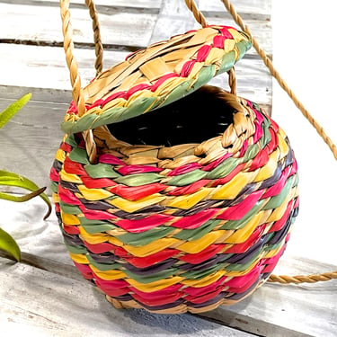 VINTAGE: Small Multicolor Woven Palm Leaf Hand Bag - Natural Bag - Boho Bag - SKU 3-E1-00015806 
