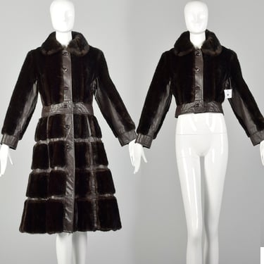 XS 1970s Faux Fur Coat Brown Convertible Zip Off Leather Bolero Jacket Winter Outerwear 