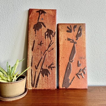 Vintage wall tiles with Japanese-inspired bamboo pattern / 1970s handmade pottery wall hangings signed KM 