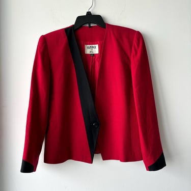 Vintage Kasper Blazer Red Black Trim Collarless 100% Wool One Button Size 10 