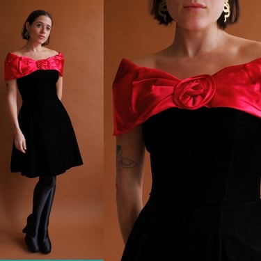 Vintage 80s Off The Shoulder Party Dress/ 1980s Red Collar Velvet Mini Dress/ Size Small 