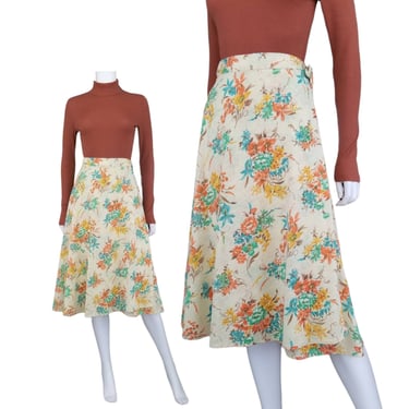 Vintage Floral Skirt, Medium / 1970s Wrap Skirt / Flowery Beige Jersey Knit Skirt / Retro Flared Midi Skirt 