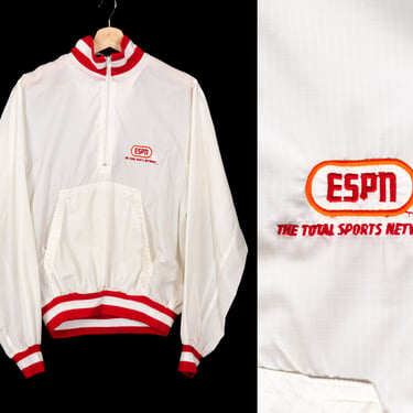 80s ESPN Windbreaker - Men's Medium, Women's Large | Vintage White Striped Trim Pullover Track Jacket 