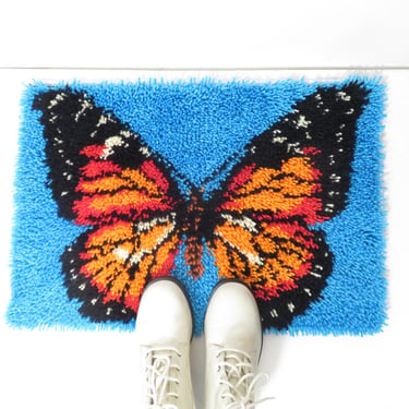 70s Inspired Monarch Butterfly Latch Hook Rug Doormat Bathmat Wall Hanging 