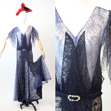 1930s TWO TONE blue lace GOWN flutter sleeves dress small medium | new fall winter 