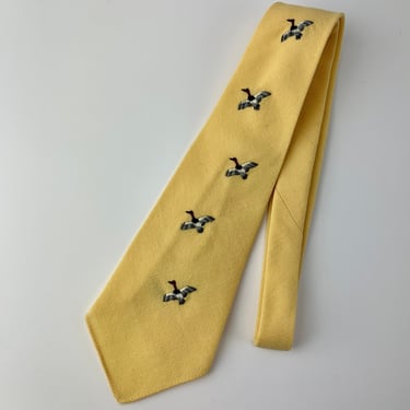 1940's 50's Duck Tie - All Wool - Embroidered Ducks in Flight - in Colorful Yellow Wool - By FISHER'S 