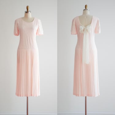 cute cottagecore dress 80s vintage pastel pink eyelet lace drop waist midi dress 