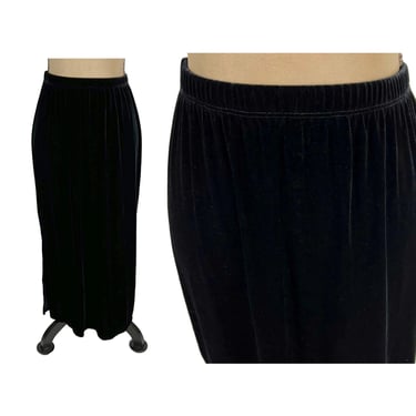 90s Black Velvet Maxi Skirt Medium - Elastic Waist Straight Long Black Skirt - Side Slit Stretchy Goth 1990s Clothes Women Vintage PARISIAN 