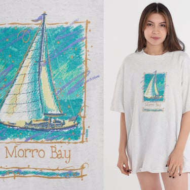 Morro Bay Shirt 90s Beach Sailboat Graphic T Shirt Tourist California TShirt Single Stitch Boat Shirt Vintage 1990s Grey Extra Large xl 