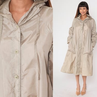 80s Beige Raincoat Hooded Button-Up Rain Jacket Totes Drawstring Cuffs Long A-Line Vintage 1980s Thin Nylon Coat Medium 