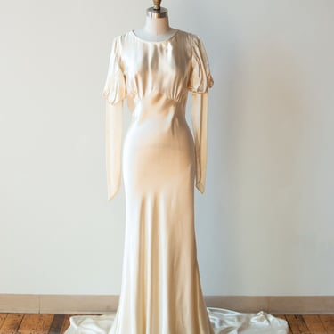 1930s Juliet Sleeve Satin Wedding Gown 