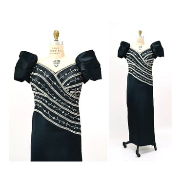 80s 90s Vintage Black Evening Gown Rhinestones Poof Sleeves Medium Large by Rose Taft// Vintage Black Metallic Pageant Dynasty Dress Gown 