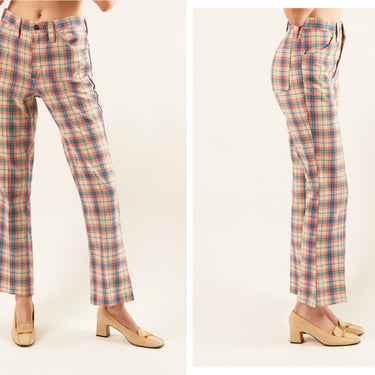 Vintage 1970s 70s Classic Red Blue Checkered Mid Rise Kick Flare Pants Trousers Flares 