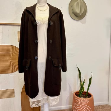 Kate Hill Chocolate Brown Pure New Wool Long Duster House Coat Sweater 