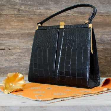 Vintage Genuine Leather Bag Purse - Croc Pattern / Handbag - 1930s 