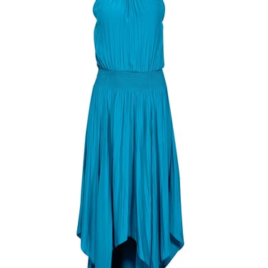 Calypso - Turquoise Satin Pleated Halter Neck Dress Sz S