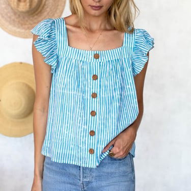 Laurent Flutter Top - Sunday Stripe Bluesy Organic