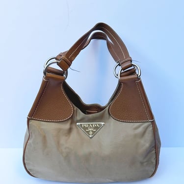PRADA Y2K Half Moon Hobo Bag with Jumbo Logo Triangle in Taupe + Brown Leather Nylon Tessuto Y2K 90s Silver 