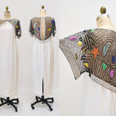 70s 80s Vintage Bob Mackie Off White Cocktail Wedding Party Dress Beaded Sequin Dress Vintage Cream Wedding Party Dress Cher Star Dress 