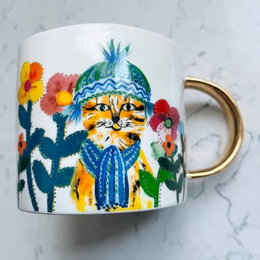 Cat in the Garden Feline Atelier by Francesca Kaye Anthropologie Coffee/Tea Mug with Gold Handle by LeChalet