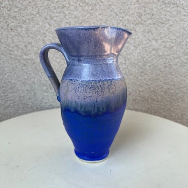 Vintage studio art pottery pitcher 7.5” purple blue tones unsigned 