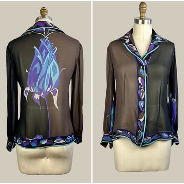 EMILIO PUCCI Vintage 60s Sheer Silk Blouse | 1960s Two Tone Rose Flower Print Shirt | 70s 1970s Designer Mod Boho Hippie Chic | Small Medium 