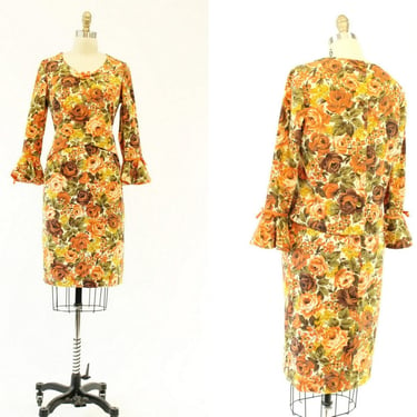 1960s linen autumn floral suit | rose print jacket and skirt | small 