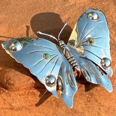 Vintage Mexico Silver Large Butterfly Brooch / Pin with Round Green Cab and Domed Highlights c. 1940's 