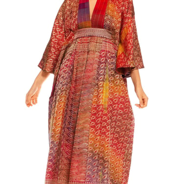 Morphew Collection Multicolor Metallic Gold Silk Kaftan With Leaf Print Made From Vintage Saris 