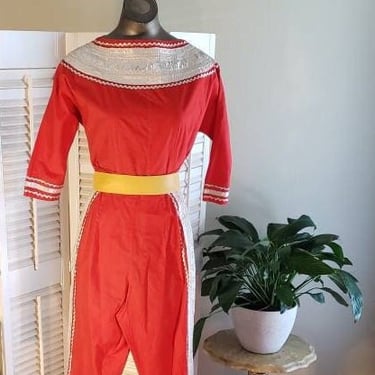 Vintage 50s/60s Red Two Piece Set Blouse and Capri Pants Custom Made  RARE 