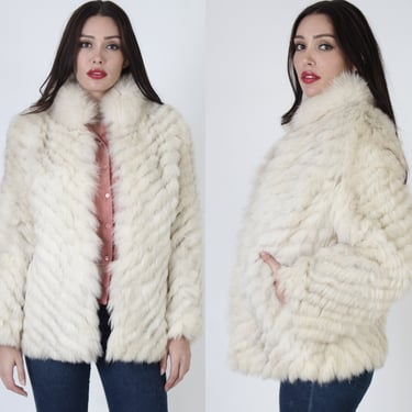 Vintage 80s SAGA Fox Coat With Pockets / Striped Swirl Sleeve Real Fur Jacket / Arctic Ivory Real Corded Plush Apres Ski Overcoat 